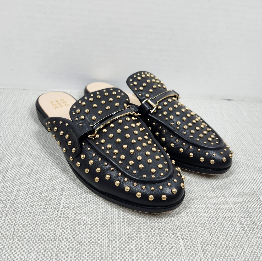 Pedder Red Size 38 Mules Black Leather Gold Studds Flat Slip On Shoes